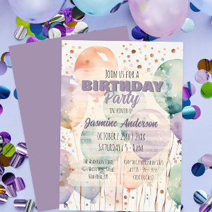 Invitación Elegante Whimsy Pastel acuarela Balón Cumpleaños