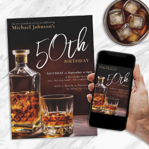Invitación Elegante Whiskey Black Gold 50 cumpleaños