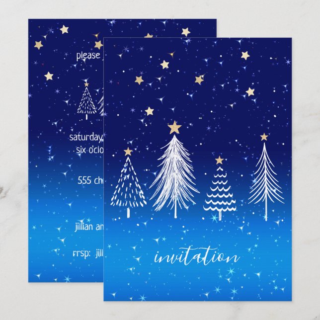 Invitación Elegante White Christmas Tree Gold Stars Cena (Anverso / Reverso)