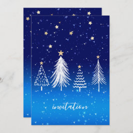 Invitación Elegante White Christmas Tree Gold Stars Cena