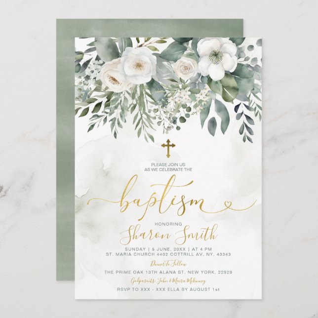 Invitación Elegante White Floral Eucalyptus Baptism Cruz de O (Anverso / Reverso)