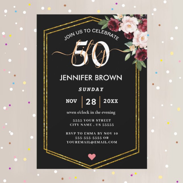Invitación elegante White Floral y Purpurina 50 cumpleaños (Subido por el creador)