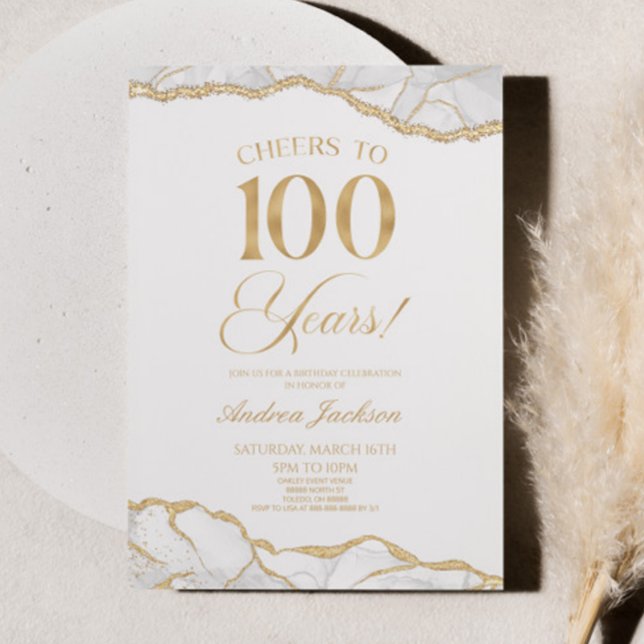Invitación Elegante White Gold Agate 100 cumpleaños (Subido por el creador)
