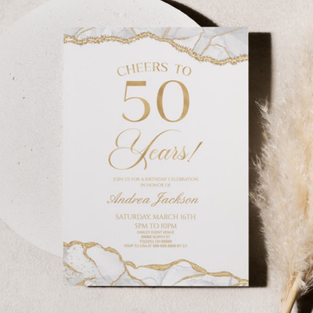 Invitación Elegante White Gold Agate 50 cumpleaños (Subido por el creador)
