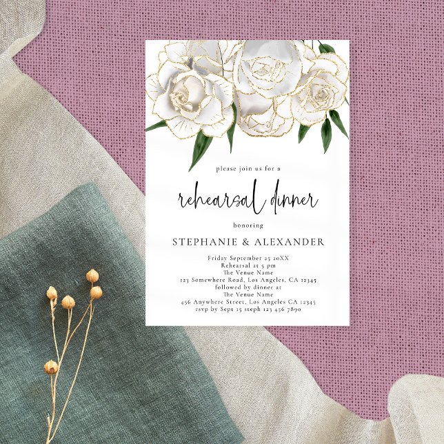 Invitación Elegante White Gold Floral Script Prueba Cena (Subido por el creador)