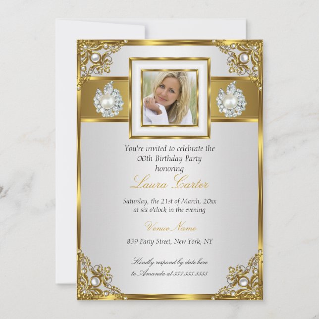 Invitación Elegante White Gold Pearl Damask Foto Cumpleaños (Anverso)