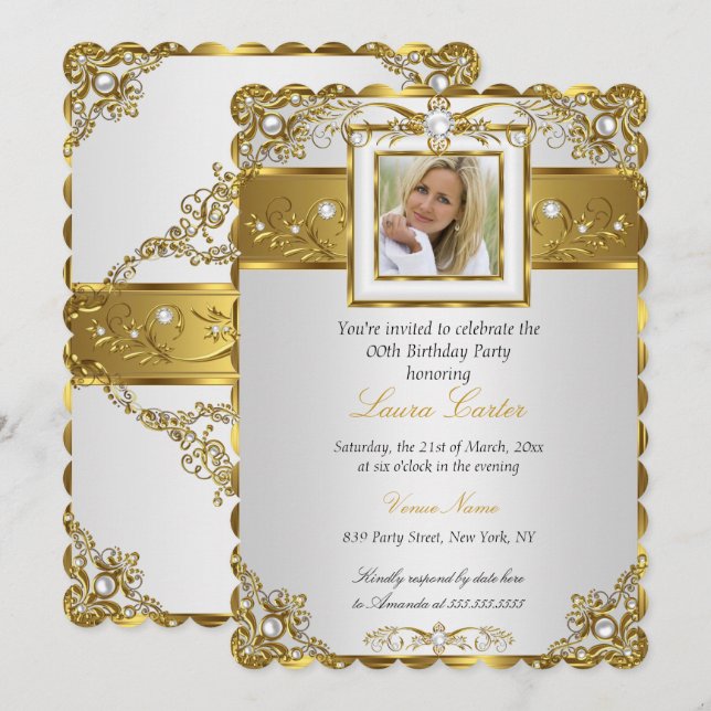 Invitación Elegante White Gold Pearl Damask Foto Cumpleaños 3 (Anverso / Reverso)