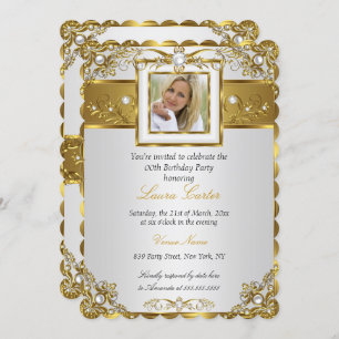 Invitación Elegante White Gold Pearl Damask Foto Cumpleaños 3