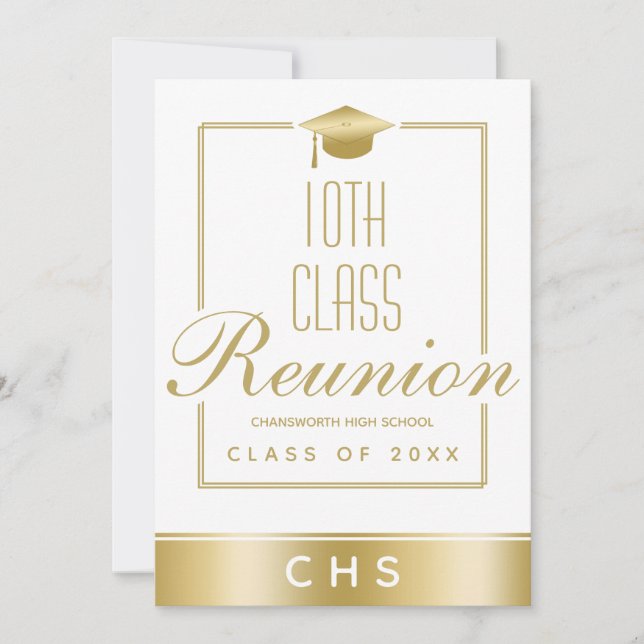 Invitación Elegante White Gold Script 10th Class Reunion (Anverso)