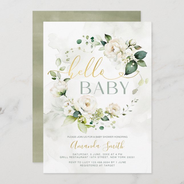 Invitación Elegante White Greenery Floral Hello Baby Shower (Anverso / Reverso)