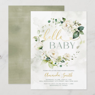 Invitación Elegante White Greenery Floral Hello Baby Shower