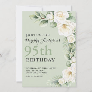 Invitación Elegante White Rose Eucalyptus 95th BIrthday Party