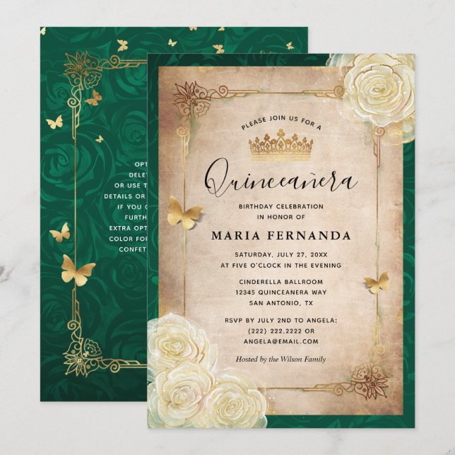 Invitación Elegante White Rose Gold Green Quinceanera (Anverso / Reverso)