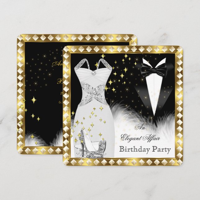 Invitación Elegante White Vress Black Tie Gold Birday Party (Anverso / Reverso)