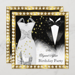 Invitación Elegante White Vress Black Tie Gold Birday Party