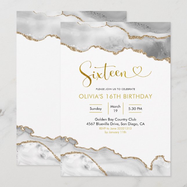 Invitación Elegante White y Gold Agate Dieciséis cumpleaños (Anverso / Reverso)