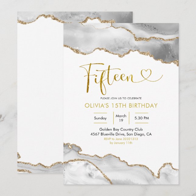 Invitación Elegante White y Gold Agate Quince cumpleaños (Anverso / Reverso)