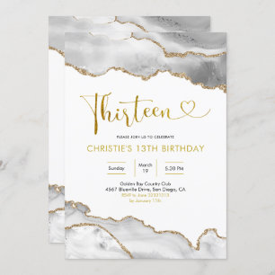 Invitación Elegante White y Gold Agate Trece Cumpleaños Inv