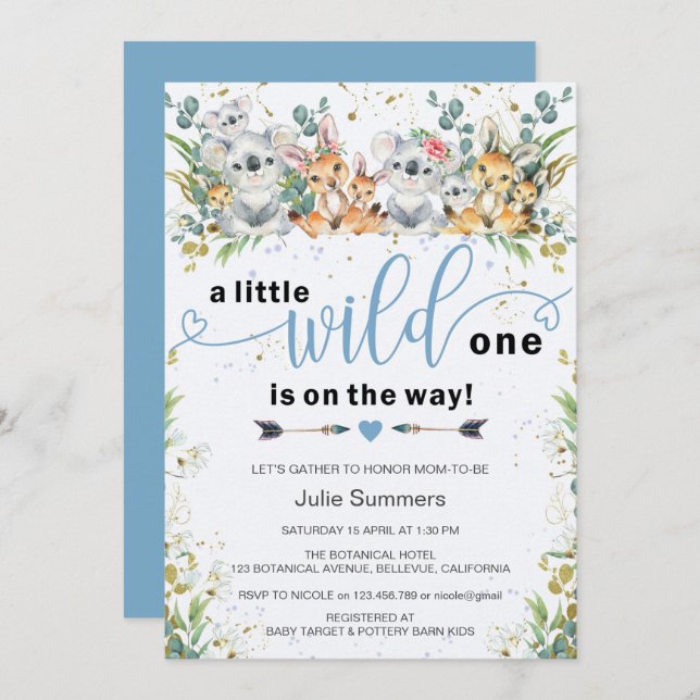 Invitación Elegante Wild One Blue Safari Boy Baby Shower (Anverso / Reverso)