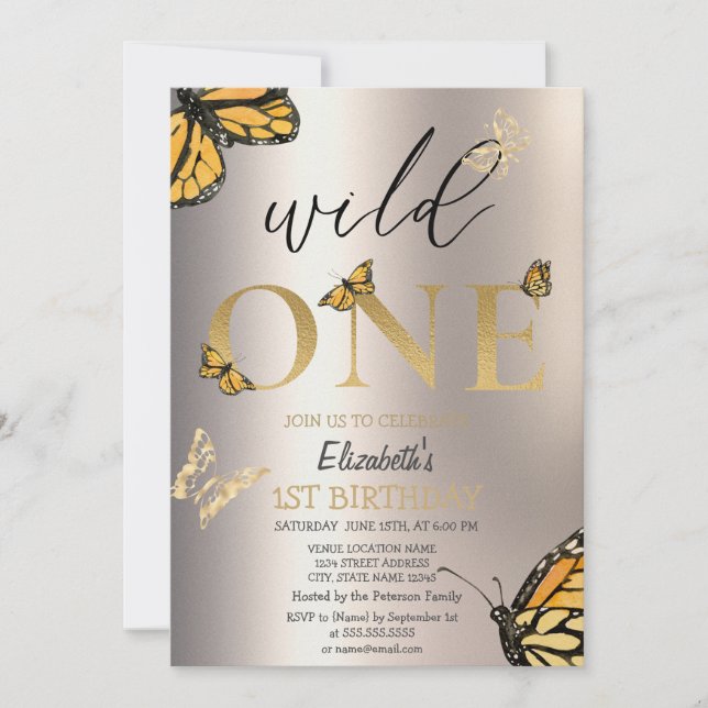 Invitación Elegante Wild One Gold Butterflies cumpleaños (Anverso)