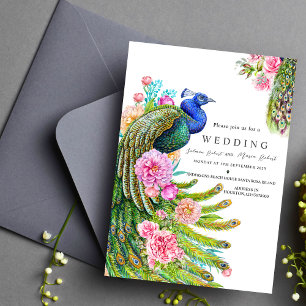 Invitación elegante Wildflowers Peacock boda indio Fancy