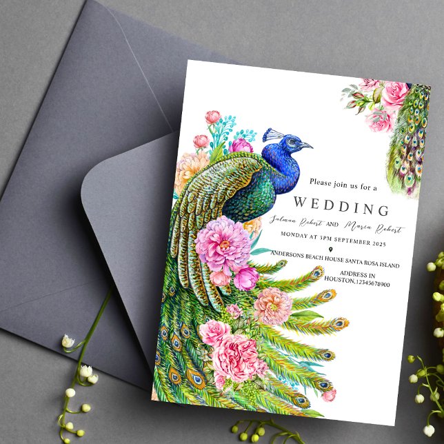 Invitación elegante Wildflowers Peacock boda indio Fancy (Subido por el creador)