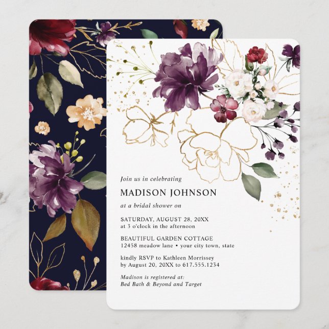Invitación Elegante Wine Gold Borgoña Floral Bridal Ducha (Anverso / Reverso)