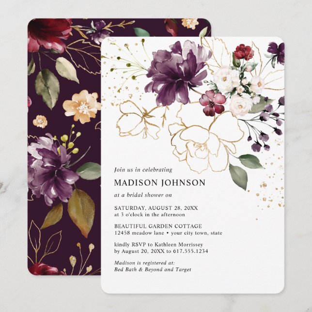 Invitación Elegante Wine Gold Borgoña Floral Bridal Ducha (Anverso / Reverso)