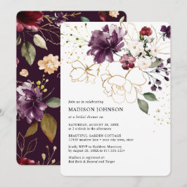 Invitación Elegante Wine Gold Borgoña Floral Bridal Ducha