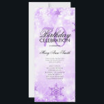 Invitación Elegante Winter 70th Birthday Program Menú Púrpura<br><div class="desc">Elegante diseño de "Programa de fiesta de cumpleaños" con copos de nieve Purpurina de invierno y luces en texto morado con personalizado.</div>