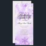 Invitación Elegante Winter 70th Birthday Program Menú Púrpura<br><div class="desc">Elegante diseño de "Programa de fiesta de cumpleaños" con copos de nieve Purpurina de invierno y luces en texto morado con personalizado.</div>