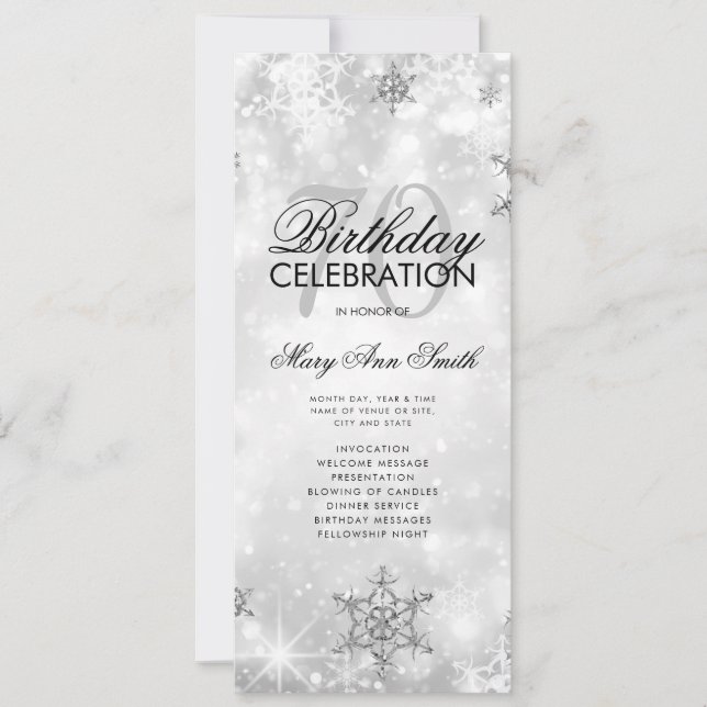 Invitación Elegante Winter 70th Birthday Program Silver Menu (Anverso)