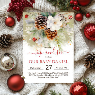 Invitación Elegante Winter Evergreen Baby Shower Sip & See