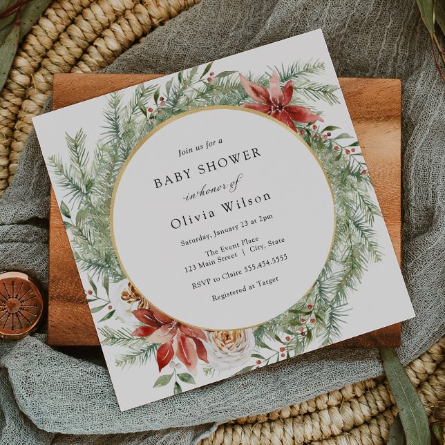 Invitación Elegante Winter Evergreen Poinsettia Baby Shower (Subido por el creador)