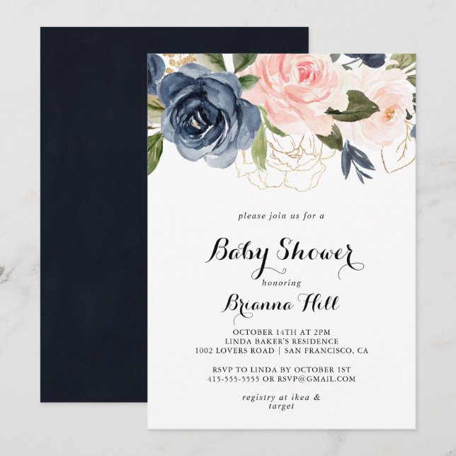 Invitación Elegante Winter Floral Calligraphy Baby Shower (Anverso / Reverso)