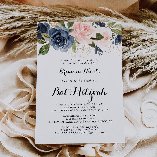 Invitación Elegante Winter Floral Calligraphy Bat Mitzvah (Subido por el creador)
