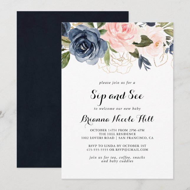 Invitación Elegante Winter Floral Sip y Ver (Anverso / Reverso)