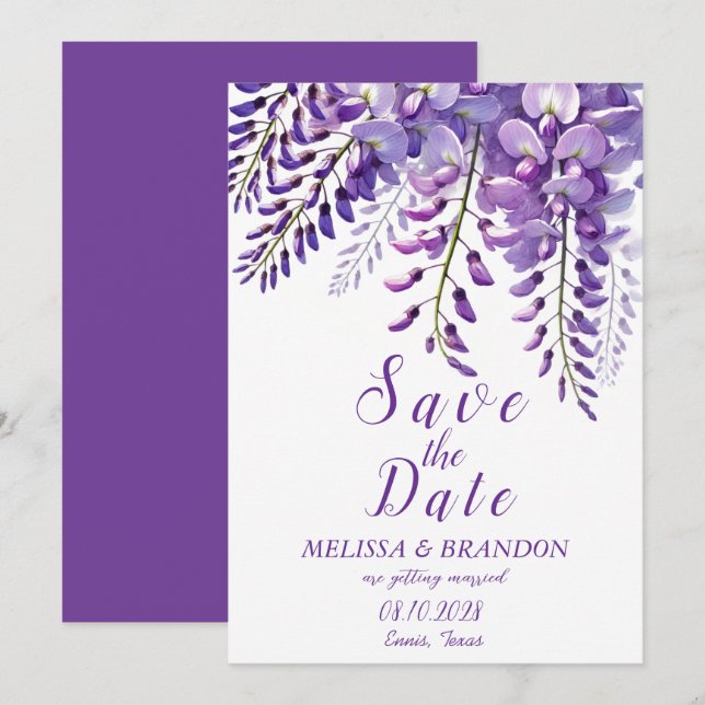 Invitación Elegante Wisteria Floral Morado Boda moderno (Anverso / Reverso)
