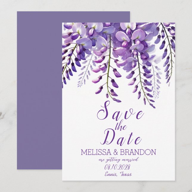 Invitación Elegante Wisteria Floral Morado Boda moderno (Anverso / Reverso)