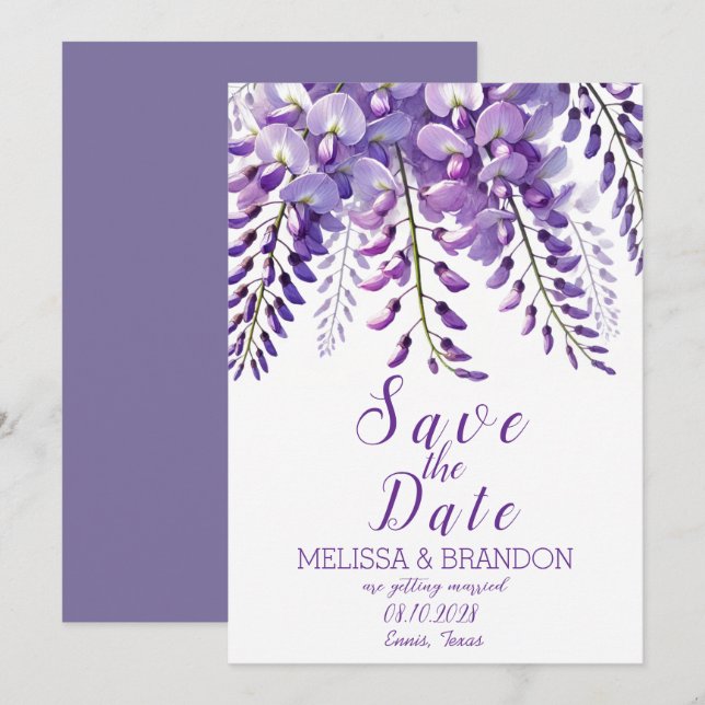 Invitación Elegante Wisteria Floral Morado Boda moderno (Anverso / Reverso)