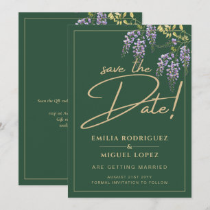 Invitación Elegante WISTERIA Gold Green SAVE THE FATE