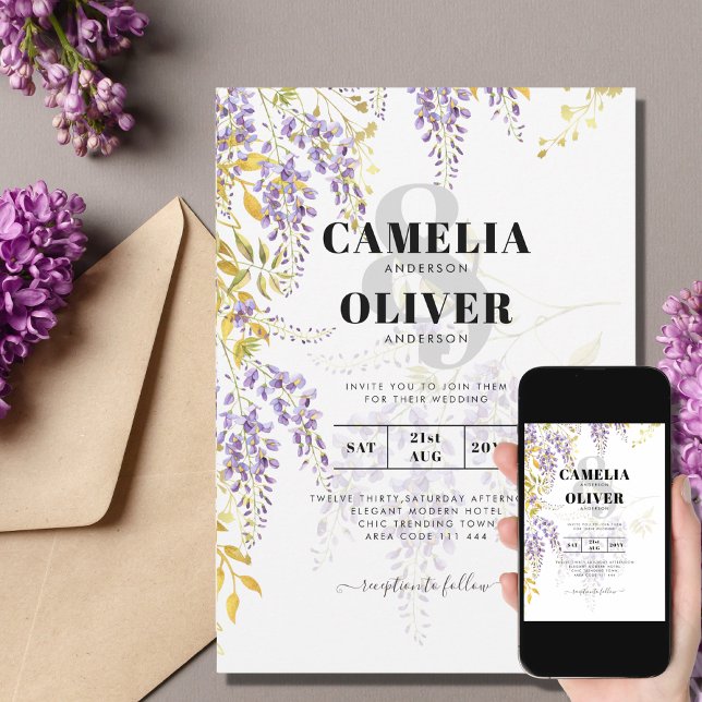 Invitación Elegante Wisteria Púrpura Flores Florales Modernas (Subido por el creador)