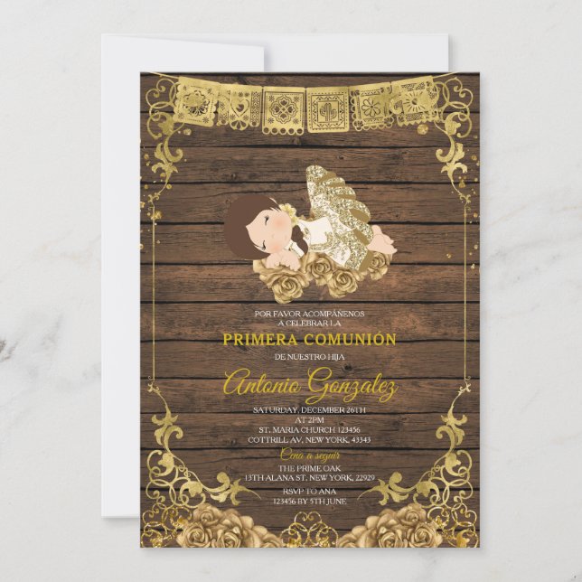 Invitación Elegante Wood Cute Chica Primera Comunión Gold Whi (Anverso)