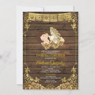 Invitación Elegante Wood Cute Chica Primera Comunión Gold Whi
