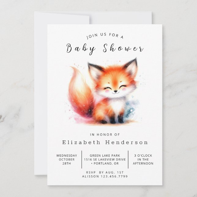 Invitación Elegante Woodland Look Fox Baby Shower (Anverso)