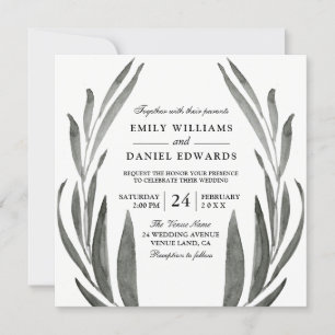 Invitación Elegante Wreath Boda de hojas simples en blanco y