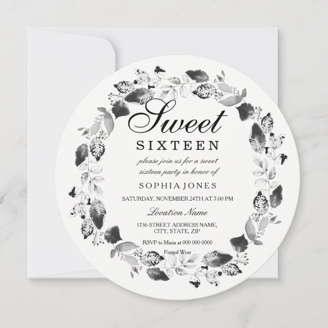 Invitación Elegante Wreath de hojas negras y blancas de 16 in (Anverso)