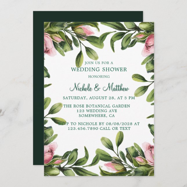 Invitación Elegante Wreath De Verdor Con Boda De Rosas Rosa R (Anverso / Reverso)
