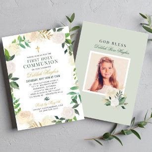 Invitación Elegante Wreath Floral Primera Comunión Oro Verde