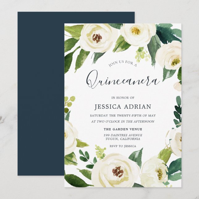 Invitación Elegante Wreath Floral Quinceanera Fiesta Invite (Anverso / Reverso)